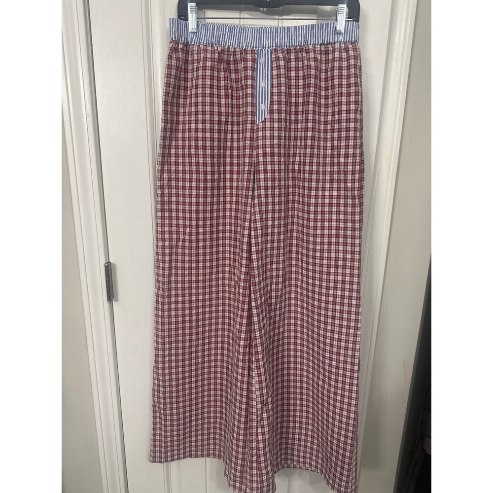 Eclectic Grandpa Red Plaid Pajama Pants Blue Striped Waistband Wide Leg Large